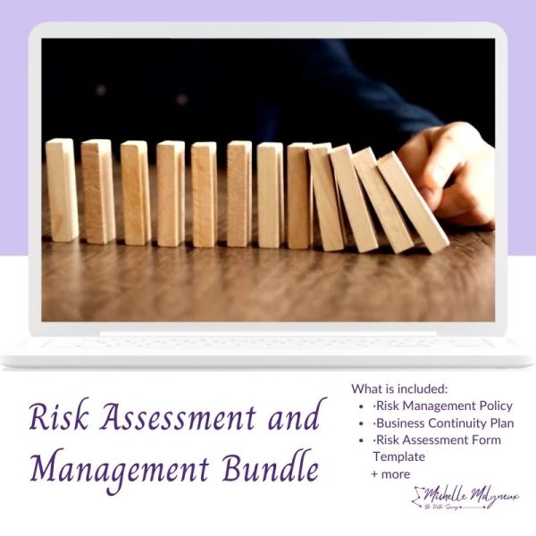 image has a row of dominoes withe the title "Risk Assessment and Management Bundle" which includes risk management policy, continuity plan, and risk assessment forms.