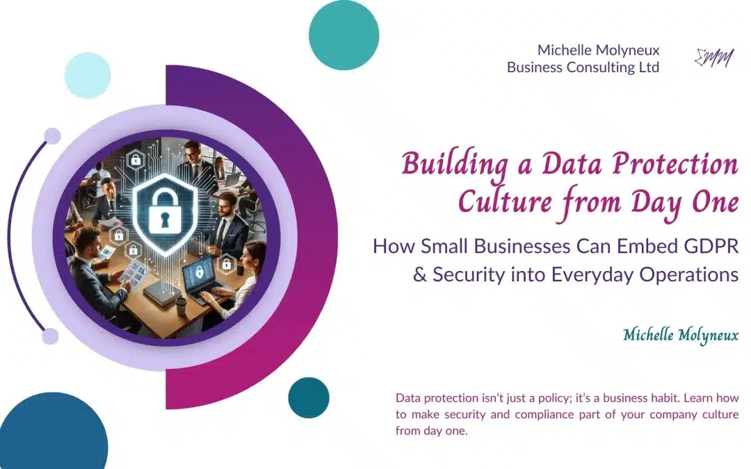 Small business team collaborating with cybersecurity icons, representing a strong data protection culture and GDPR compliance in daily operations